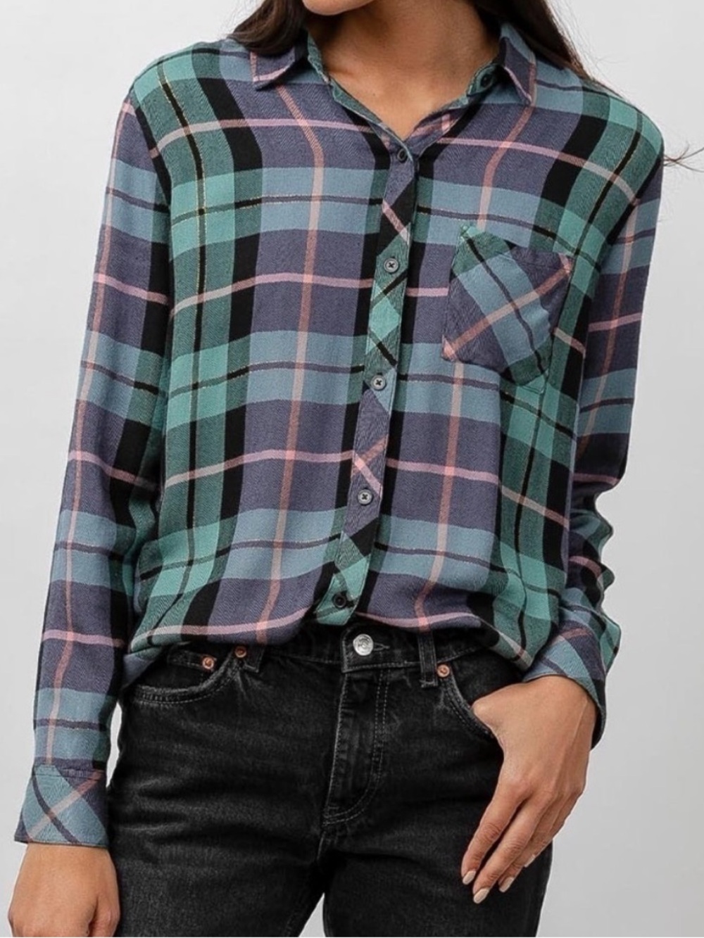 Rails Hunter Teal Navy Pink Metallic Flannel Button Down Relaxed Casual Soft M